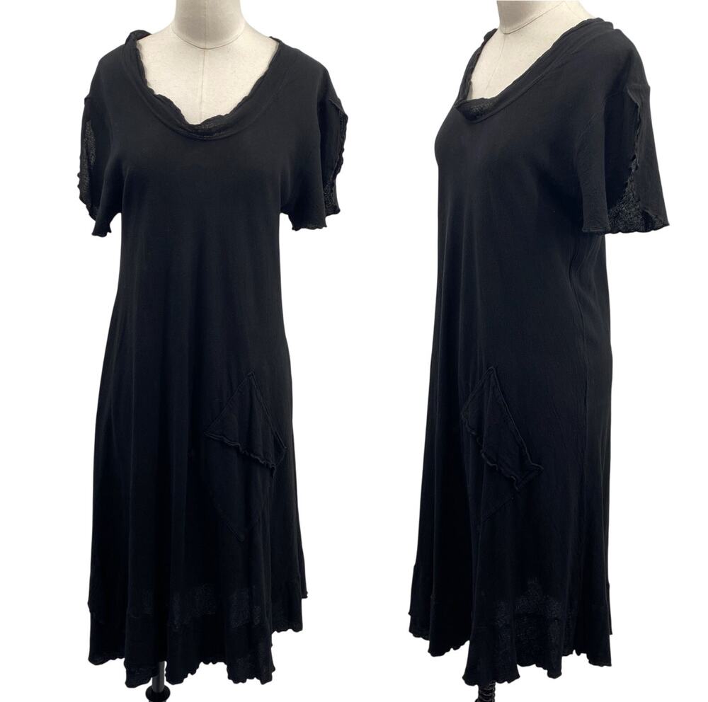 Oh My Gauze Midi Dress Ruffle Trim Short Sleeve Asymmetric Hem Black Womens M 1